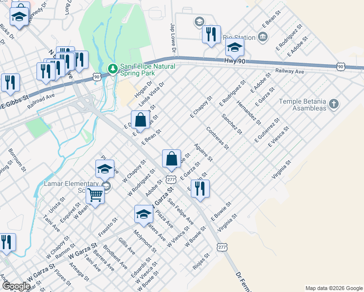 map of restaurants, bars, coffee shops, grocery stores, and more near 209 East Rodriguez Street in Del Rio