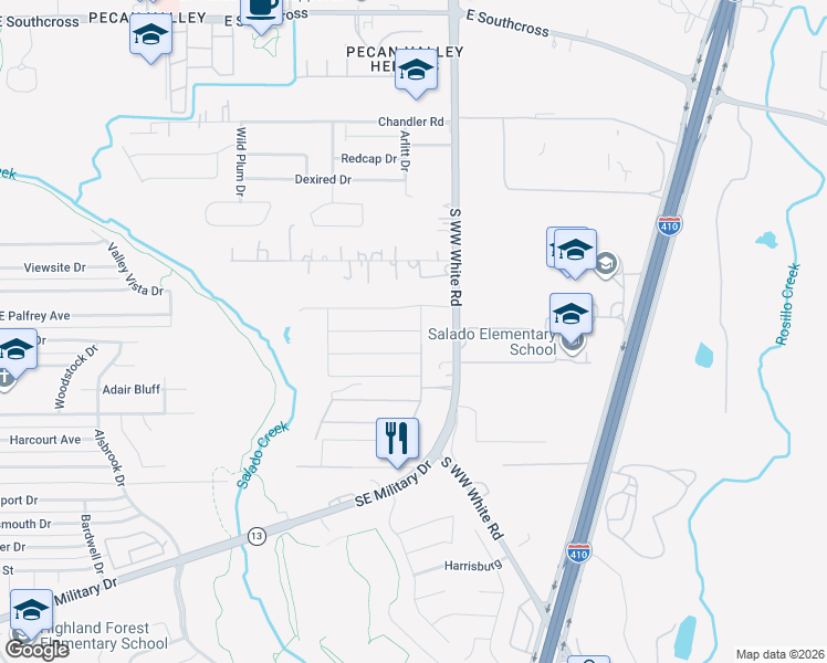map of restaurants, bars, coffee shops, grocery stores, and more near 3505 South WW White Road in San Antonio