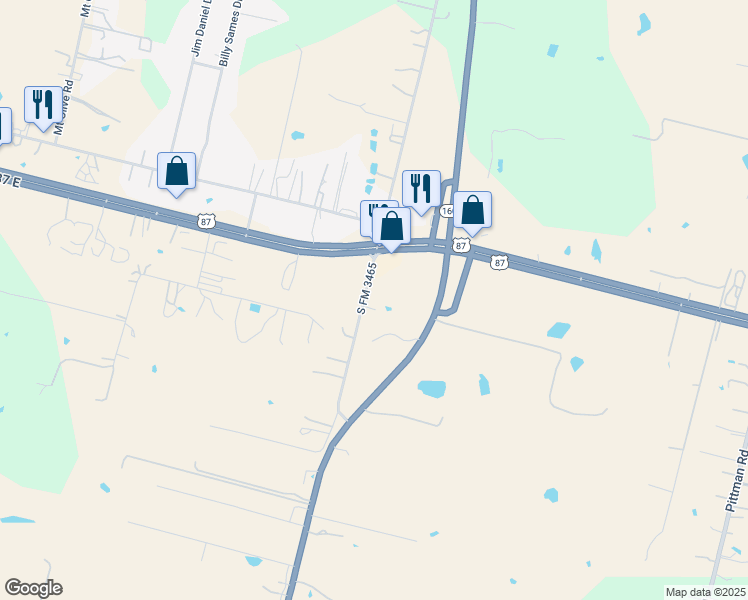 map of restaurants, bars, coffee shops, grocery stores, and more near 6145 Farm to Market Road 3465 in Adkins