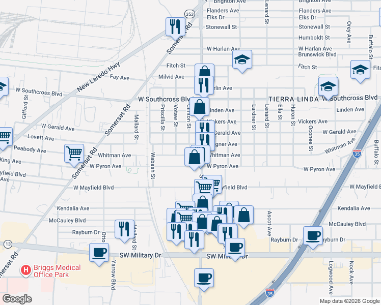 map of restaurants, bars, coffee shops, grocery stores, and more near 923 Whitman Avenue in San Antonio