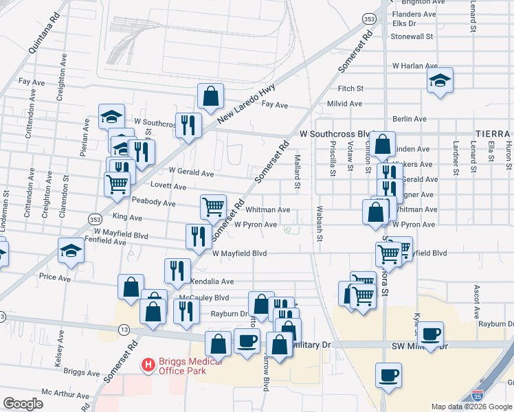 map of restaurants, bars, coffee shops, grocery stores, and more near 1222 Somerset Road in San Antonio