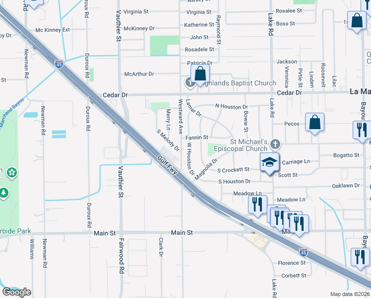 map of restaurants, bars, coffee shops, grocery stores, and more near 1600 Westward Avenue in La Marque
