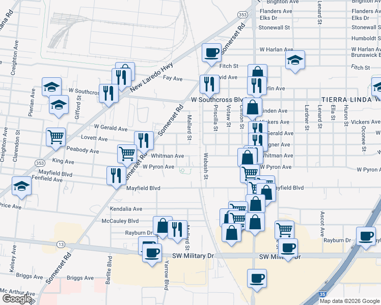 map of restaurants, bars, coffee shops, grocery stores, and more near 1319 Whitman Ave in San Antonio