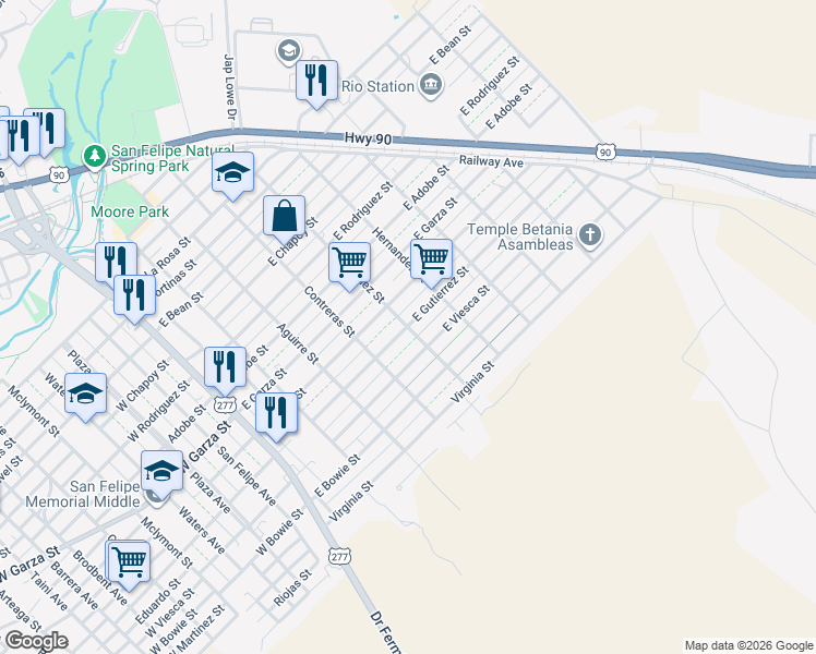 map of restaurants, bars, coffee shops, grocery stores, and more near 900 Sanchez Street in Del Rio