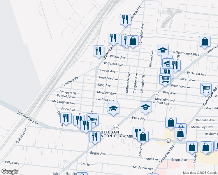 map of restaurants, bars, coffee shops, grocery stores, and more near 830 King Avenue in San Antonio