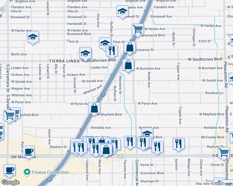 map of restaurants, bars, coffee shops, grocery stores, and more near 6318 Macdona Street in San Antonio
