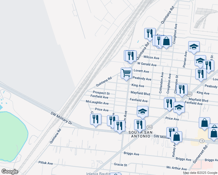 map of restaurants, bars, coffee shops, grocery stores, and more near 1912 West Mayfield Boulevard in San Antonio