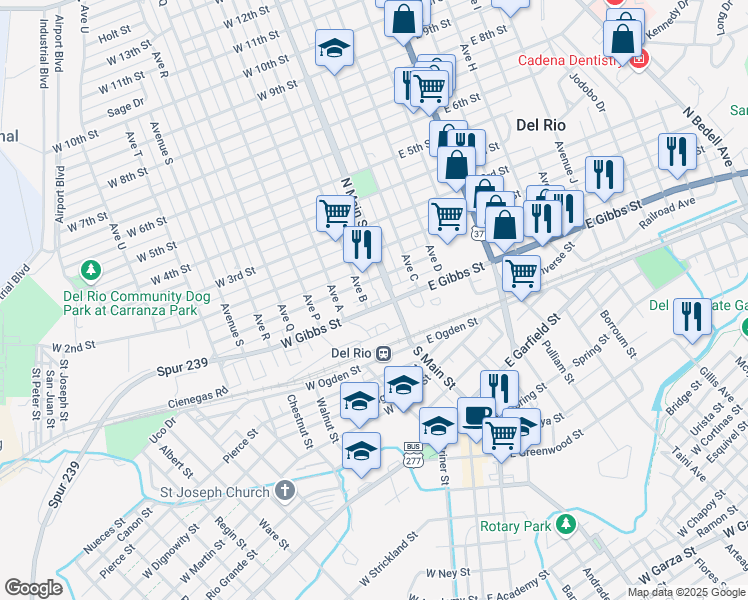map of restaurants, bars, coffee shops, grocery stores, and more near 103 West Gibbs Street in Del Rio
