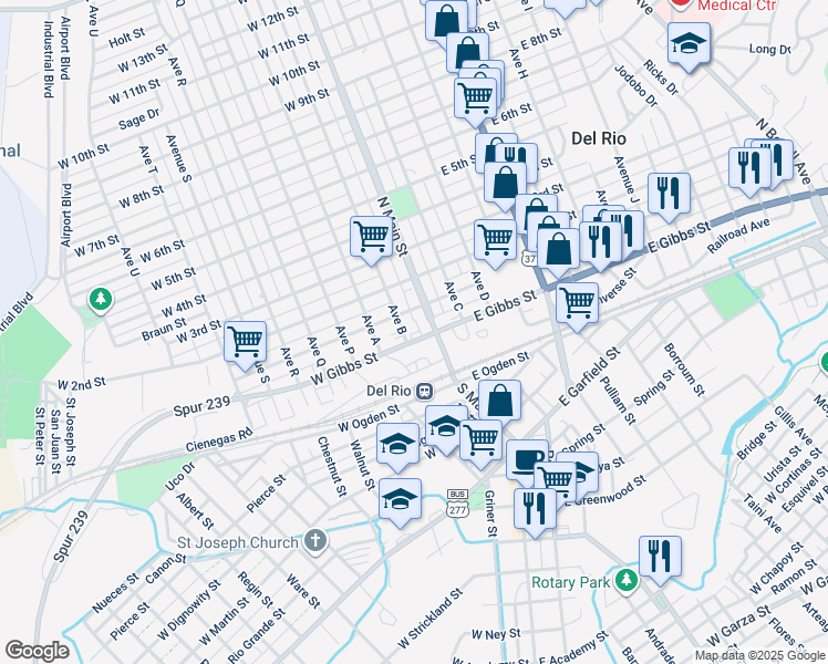 map of restaurants, bars, coffee shops, grocery stores, and more near 103 West Gibbs Street in Del Rio
