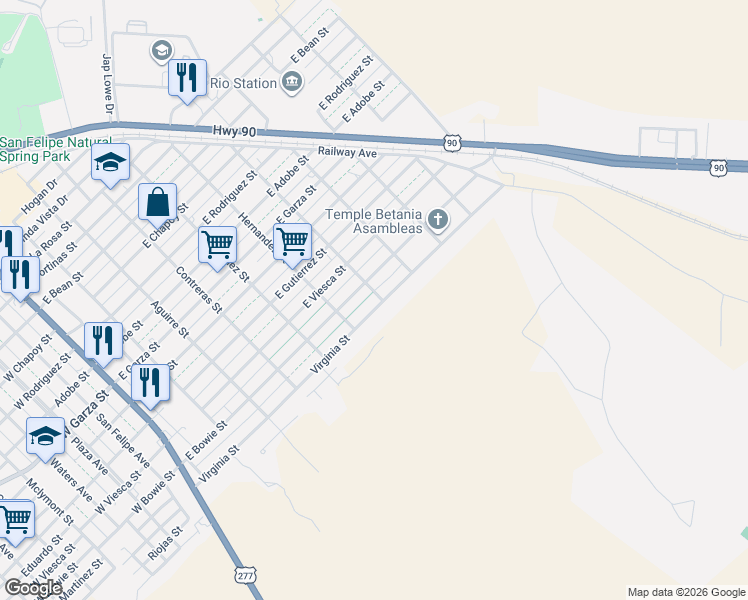 map of restaurants, bars, coffee shops, grocery stores, and more near 612 Virginia Avenue in Del Rio