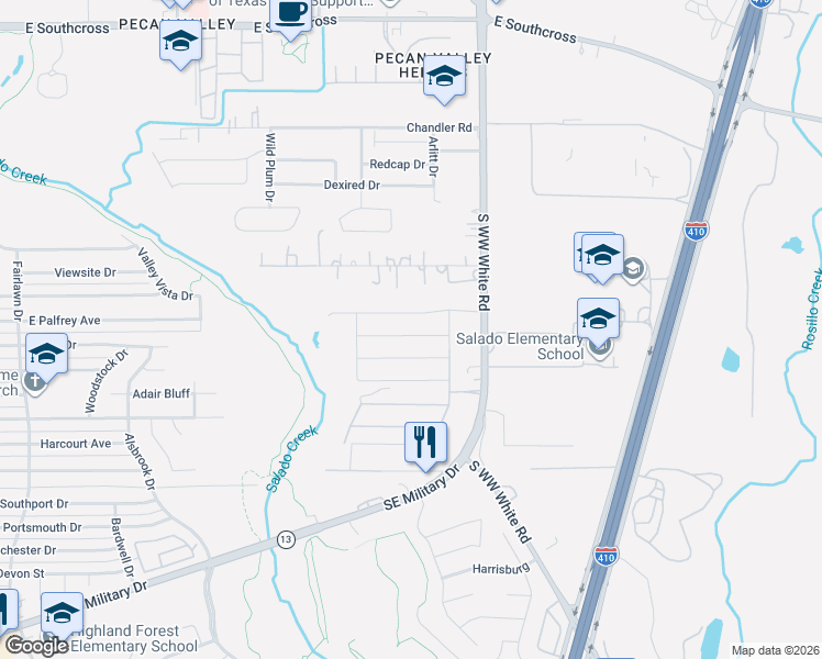 map of restaurants, bars, coffee shops, grocery stores, and more near 3500 South WW White Road in San Antonio