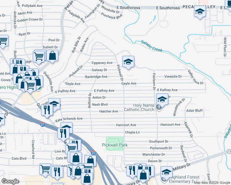 map of restaurants, bars, coffee shops, grocery stores, and more near 363 Anton Drive in San Antonio