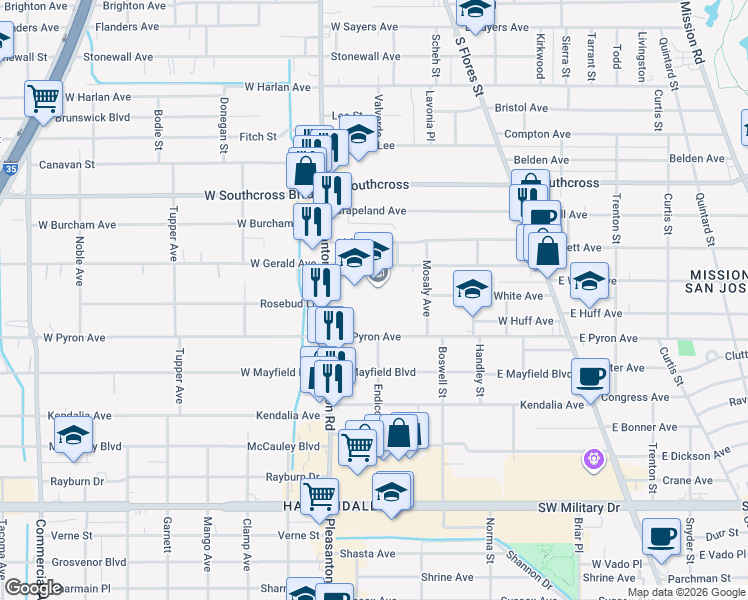 map of restaurants, bars, coffee shops, grocery stores, and more near 114 East Gerald Avenue in San Antonio