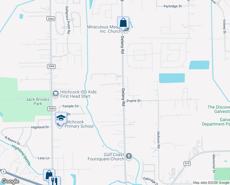 map of restaurants, bars, coffee shops, grocery stores, and more near 5734 Delaney Road in Hitchcock