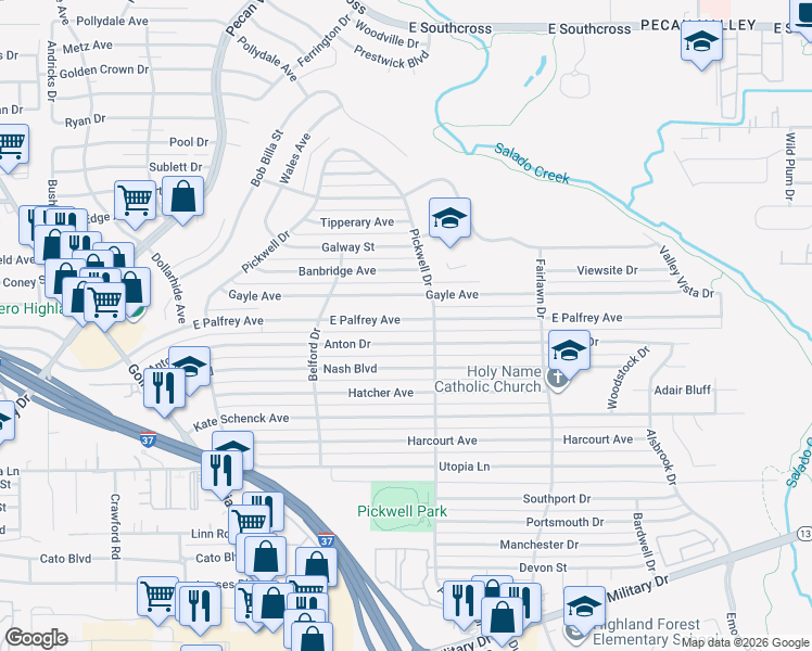 map of restaurants, bars, coffee shops, grocery stores, and more near 363 Anton Drive in San Antonio