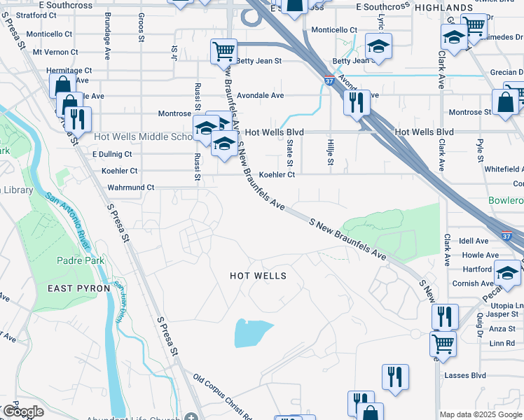 map of restaurants, bars, coffee shops, grocery stores, and more near 6211 South New Braunfels Avenue in San Antonio