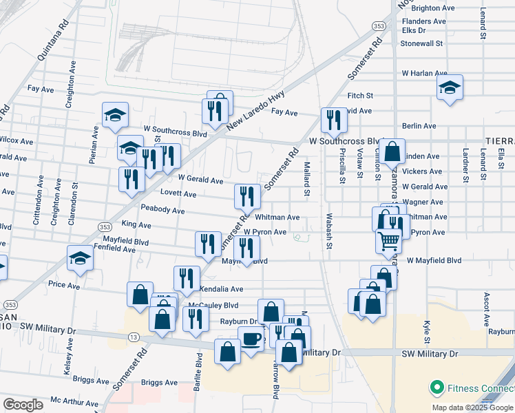map of restaurants, bars, coffee shops, grocery stores, and more near 1208 Somerset Road in San Antonio
