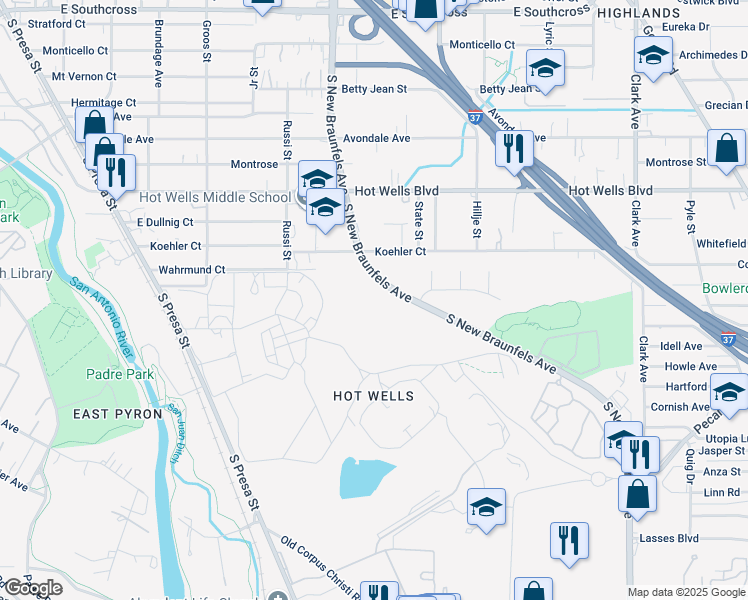 map of restaurants, bars, coffee shops, grocery stores, and more near 6211 South New Braunfels Avenue in San Antonio