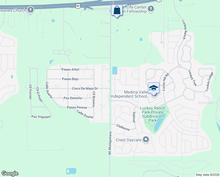 map of restaurants, bars, coffee shops, grocery stores, and more near 6733 Montgomery in San Antonio