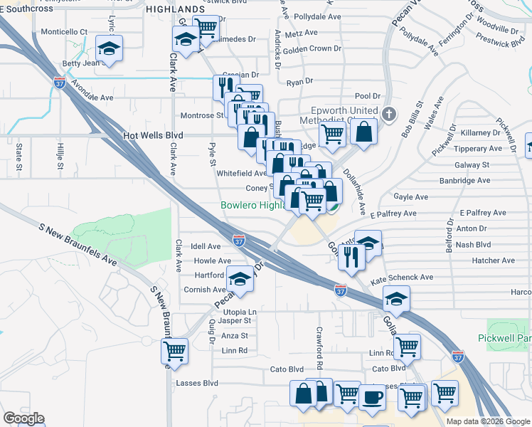 map of restaurants, bars, coffee shops, grocery stores, and more near 266 Coral Avenue in San Antonio