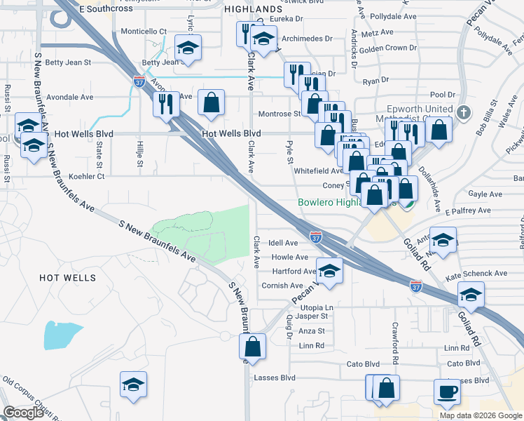 map of restaurants, bars, coffee shops, grocery stores, and more near 4907 Clark Avenue in San Antonio