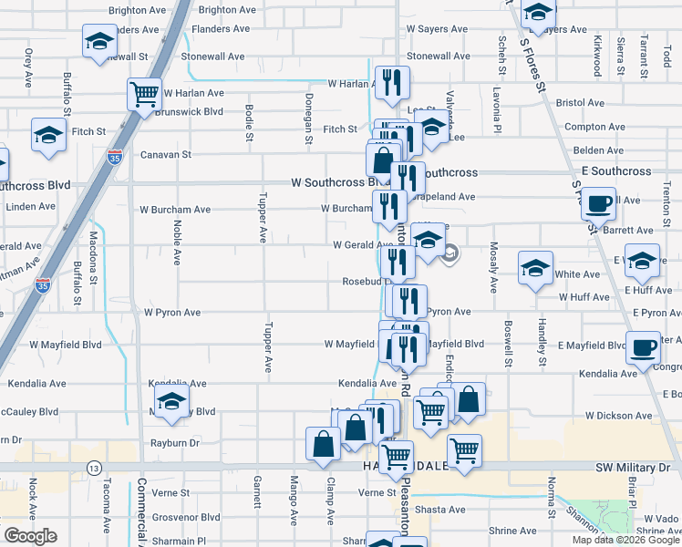 map of restaurants, bars, coffee shops, grocery stores, and more near 164 Rosebud Lane in San Antonio