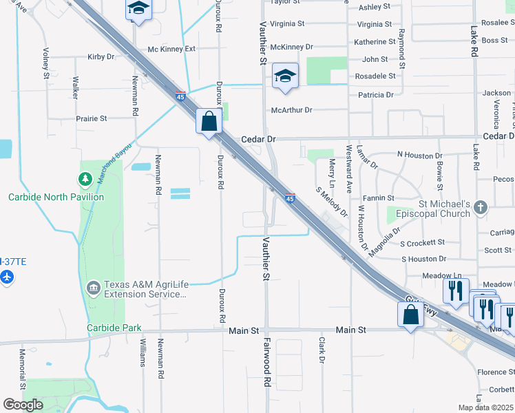 map of restaurants, bars, coffee shops, grocery stores, and more near 17 Clover Bend Street in La Marque