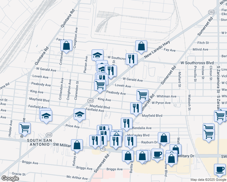 map of restaurants, bars, coffee shops, grocery stores, and more near 222 Peabody Avenue in San Antonio