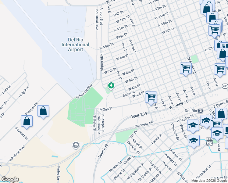 map of restaurants, bars, coffee shops, grocery stores, and more near 504-506 Avenue V in Del Rio