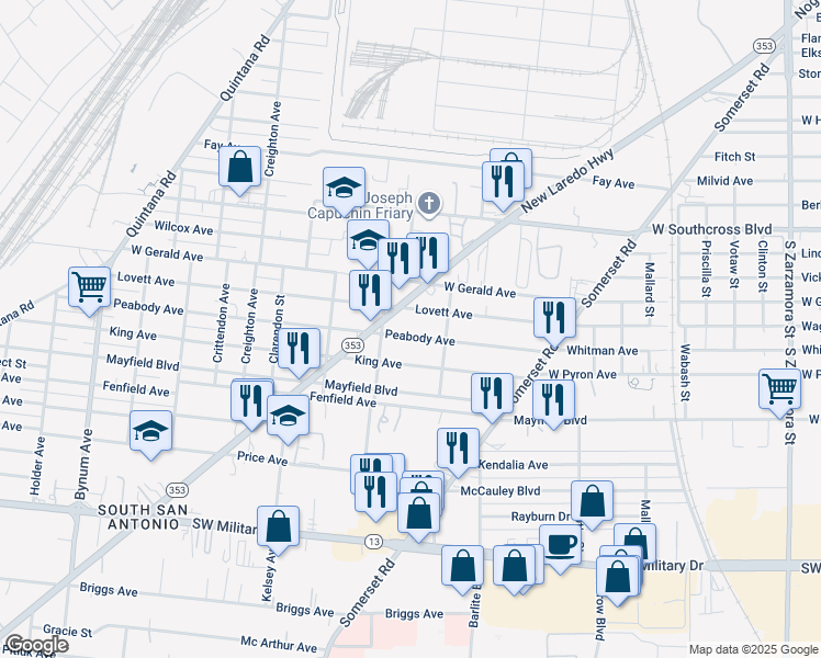 map of restaurants, bars, coffee shops, grocery stores, and more near 222 Peabody Avenue in San Antonio