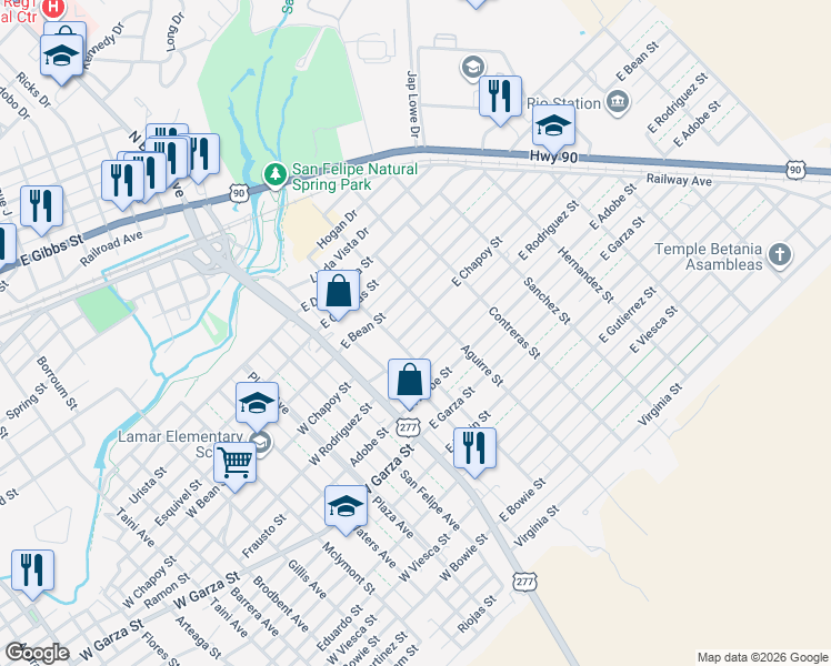 map of restaurants, bars, coffee shops, grocery stores, and more near 209 E Rodriguez St in Del Rio
