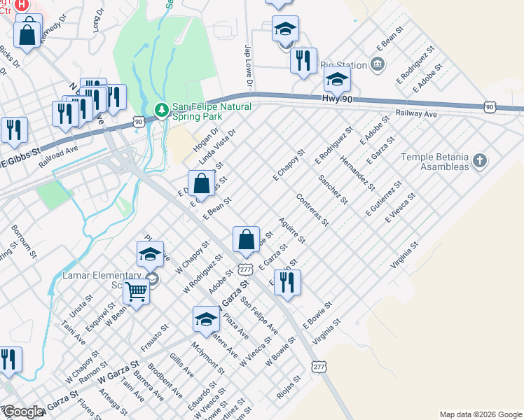 map of restaurants, bars, coffee shops, grocery stores, and more near 209 E Rodriguez St in Del Rio