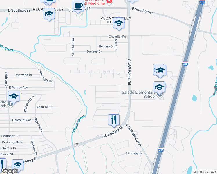 map of restaurants, bars, coffee shops, grocery stores, and more near 166 Jo Marie Street in San Antonio