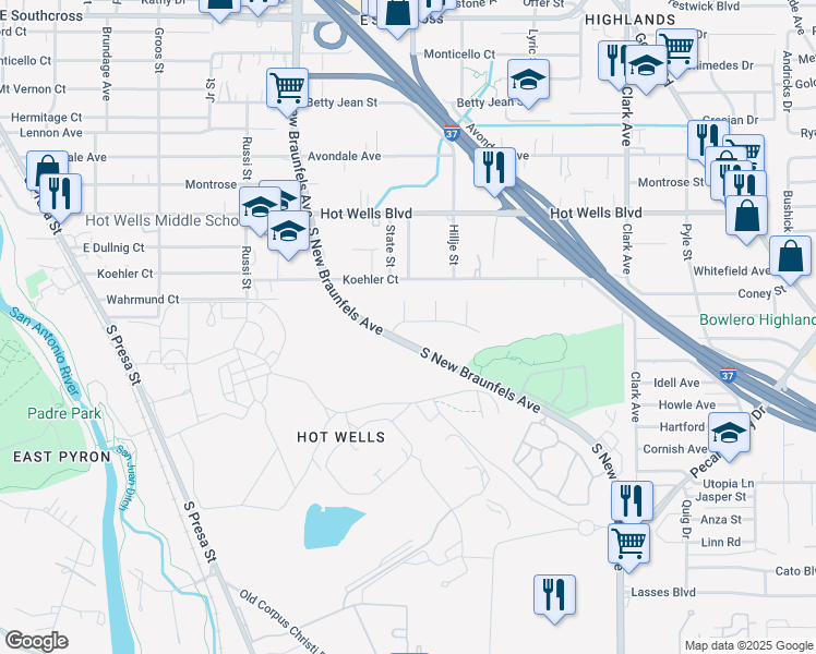 map of restaurants, bars, coffee shops, grocery stores, and more near 5 Dunes Street in San Antonio