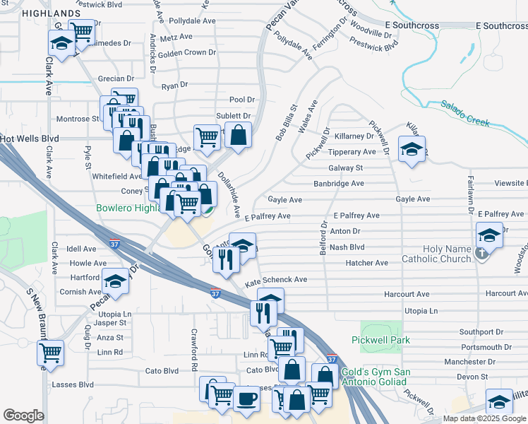 map of restaurants, bars, coffee shops, grocery stores, and more near 119 Gayle Avenue in San Antonio