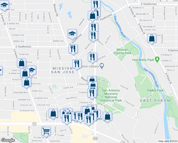 map of restaurants, bars, coffee shops, grocery stores, and more near 23 East White Avenue in San Antonio