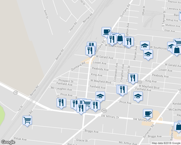 map of restaurants, bars, coffee shops, grocery stores, and more near 926 Peabody Avenue in San Antonio