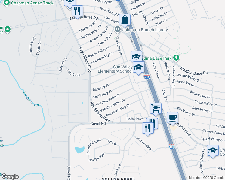 map of restaurants, bars, coffee shops, grocery stores, and more near 138 Meadow Valley Drive in San Antonio