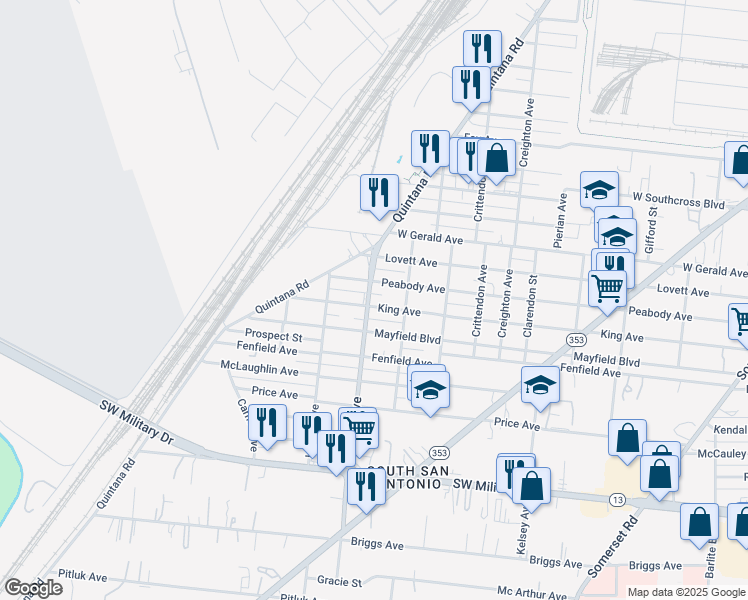 map of restaurants, bars, coffee shops, grocery stores, and more near 926 Peabody Avenue in San Antonio