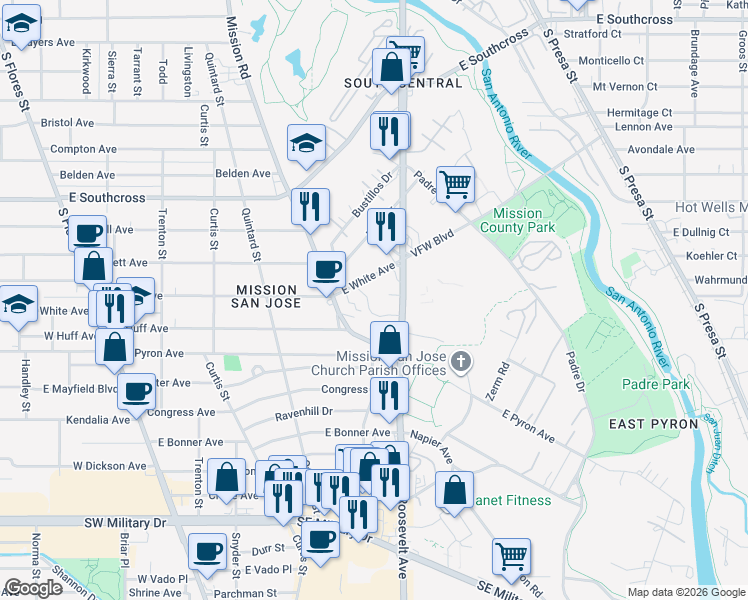 map of restaurants, bars, coffee shops, grocery stores, and more near 3135 Roosevelt Avenue in San Antonio
