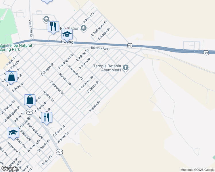 map of restaurants, bars, coffee shops, grocery stores, and more near 704 East Bowie Street in Del Rio