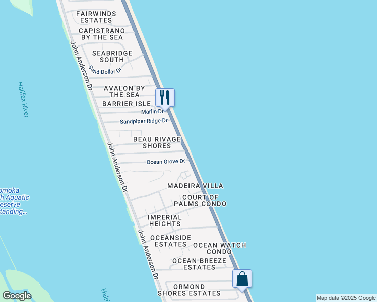 map of restaurants, bars, coffee shops, grocery stores, and more near 2935 Ocean Shore Boulevard in Ormond Beach