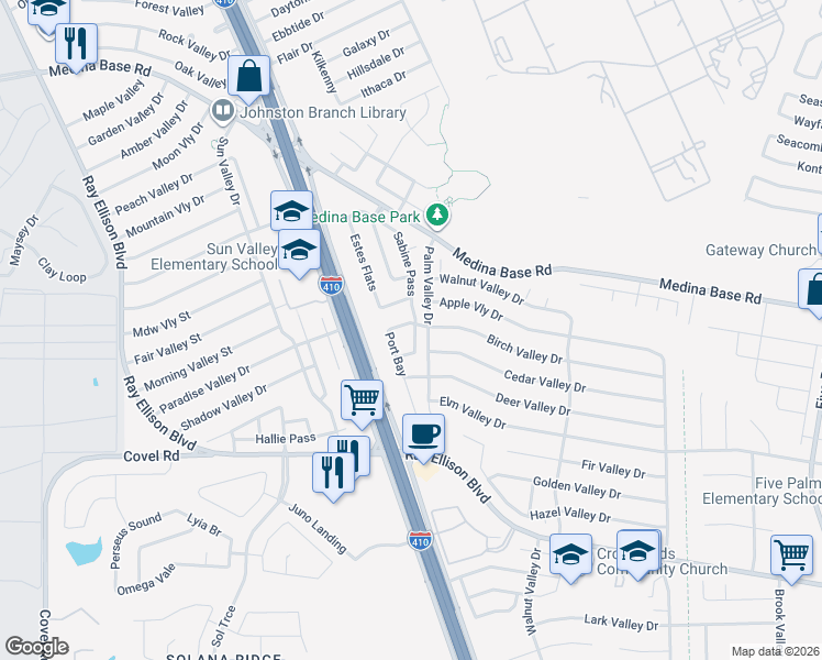 map of restaurants, bars, coffee shops, grocery stores, and more near 6311 Birch Valley Drive in San Antonio