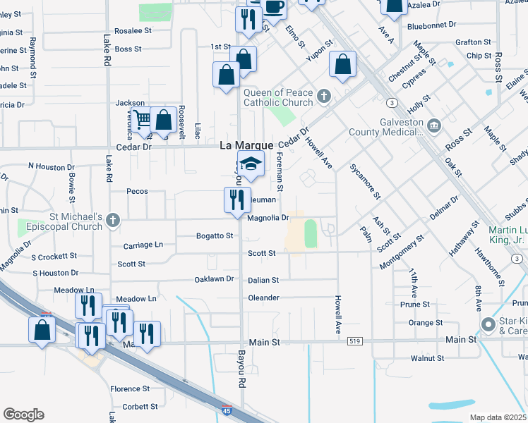 map of restaurants, bars, coffee shops, grocery stores, and more near 1801 Neuman in La Marque