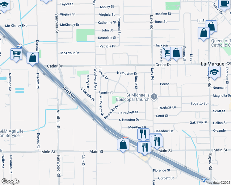 map of restaurants, bars, coffee shops, grocery stores, and more near 2802 Fannin Street in La Marque