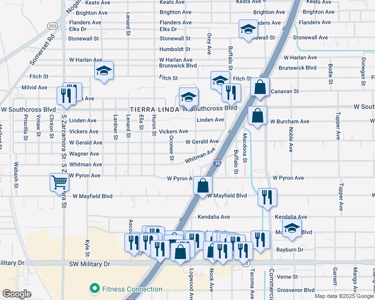 map of restaurants, bars, coffee shops, grocery stores, and more near 1202 West Gerald Avenue in San Antonio
