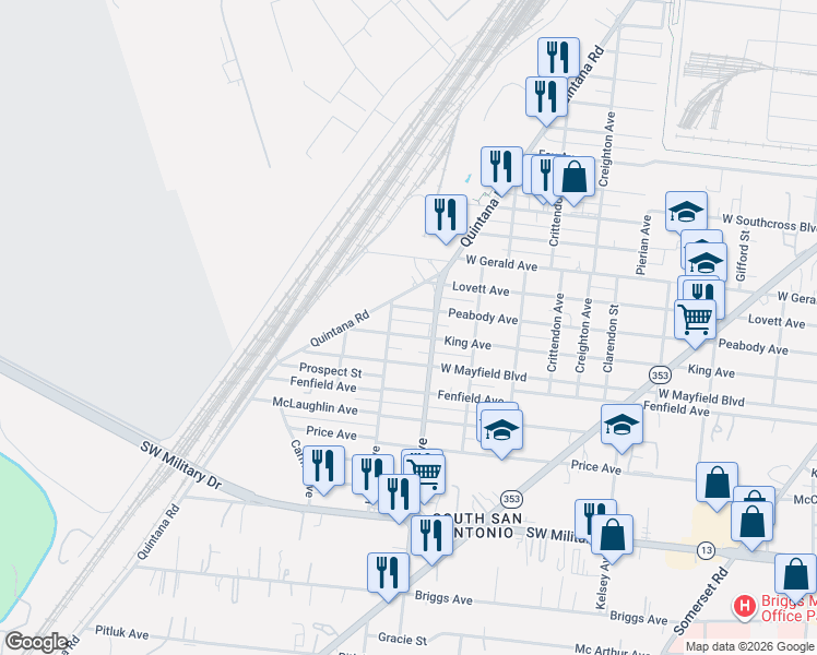 map of restaurants, bars, coffee shops, grocery stores, and more near 1022 Peabody Avenue in San Antonio