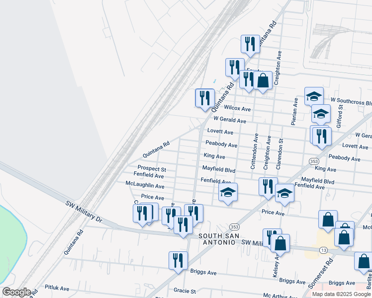 map of restaurants, bars, coffee shops, grocery stores, and more near 1022 Peabody Avenue in San Antonio