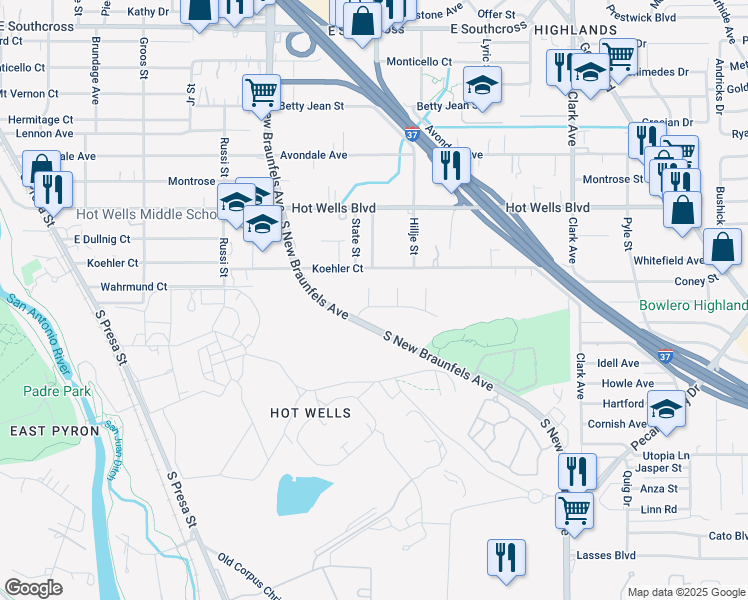 map of restaurants, bars, coffee shops, grocery stores, and more near 5 Dunes Street in San Antonio