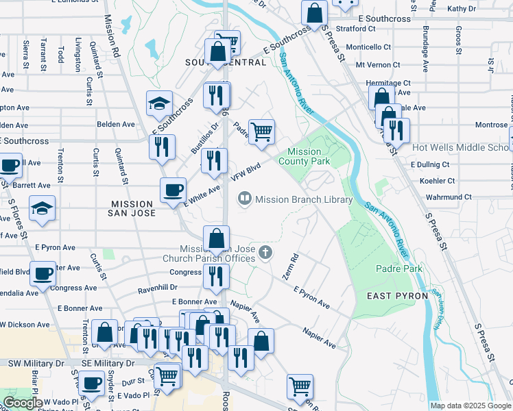 map of restaurants, bars, coffee shops, grocery stores, and more near 3100 Roosevelt Avenue in San Antonio